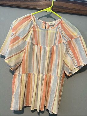 Striped Tiered Short Sleeve Blouse - Peach Multi